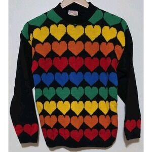 Vintage Grand Sweater L 14/16 Acrylic Made USA 80s 90s Hearts Hippie Prode EUC